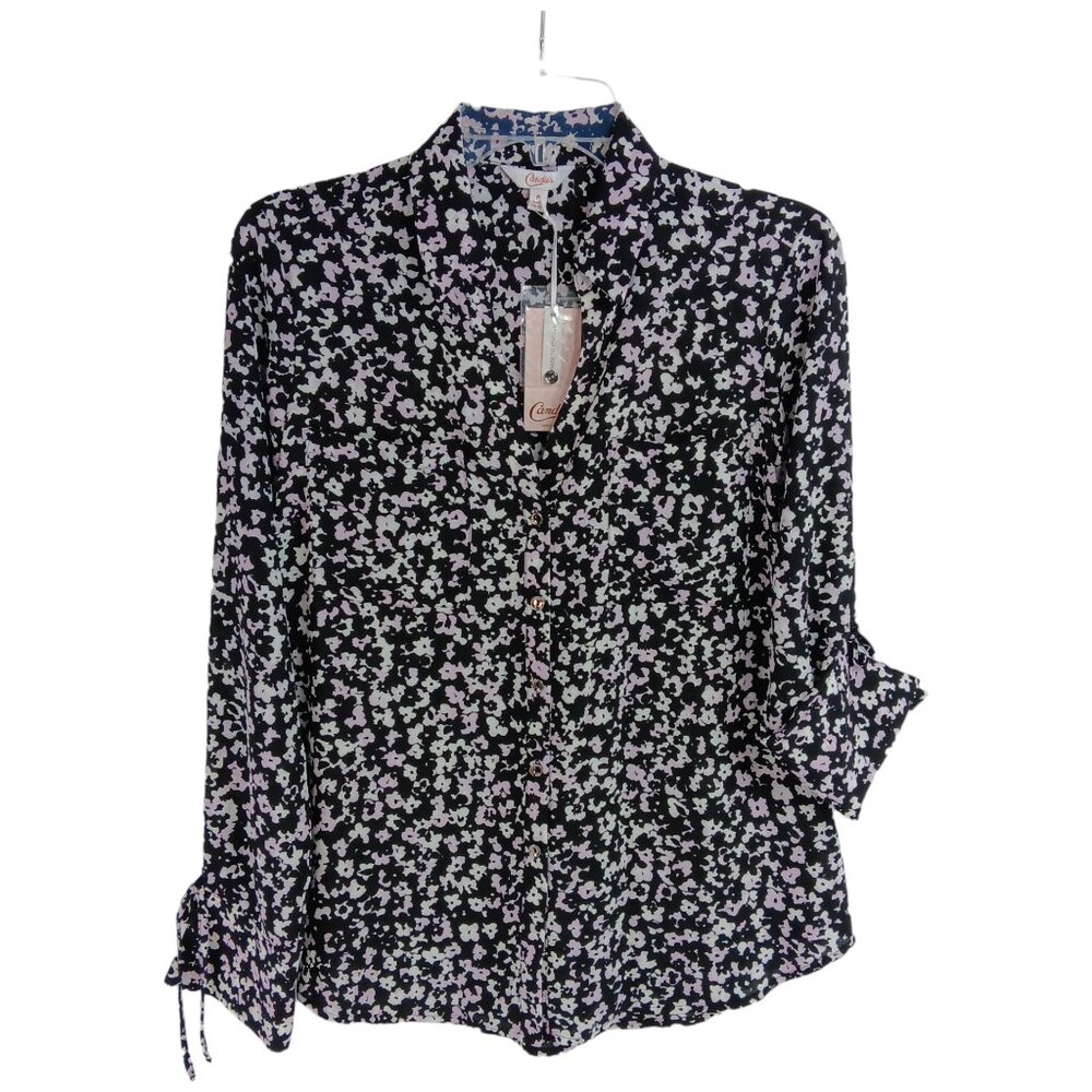 CANDIE'S-Women's Floral Button down-Top-MEDIUM-Black-White-Purple-Work-Casual - Picture 4 of 16